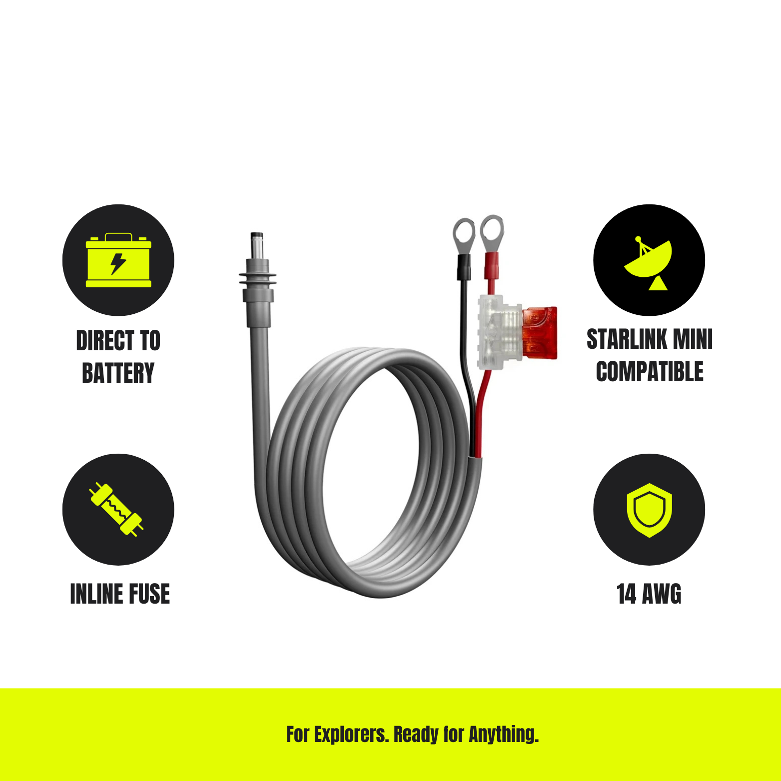 Starlink Mini Battery Power Cable | Inline Fuse + Ring Terminals | 14AWG