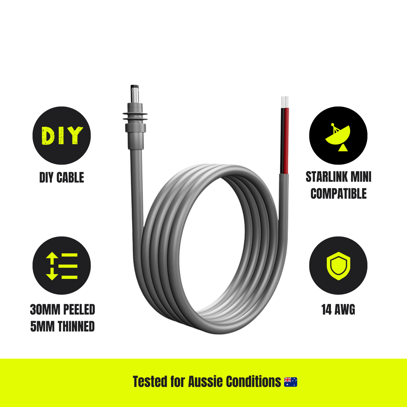 Starlink Mini Bare Wire DIY Power Cable 1, 3, 5 or 10m | 14AWG Heavy-Duty