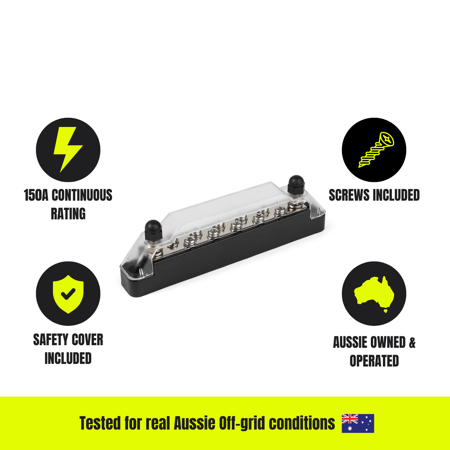 10-Way Negative Bus Bar (Black) – 150A Continuous | Safety Cover & Screws Included
