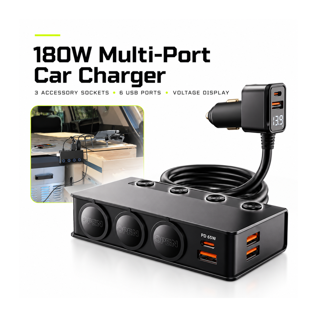 180W Multi-Port 12V Cigarette Car Charger PD3.0 & QC3.0 Fast Charging