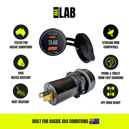 100W Dual USB-C USB-A Charger 12-24v Socket for Starlink Mini