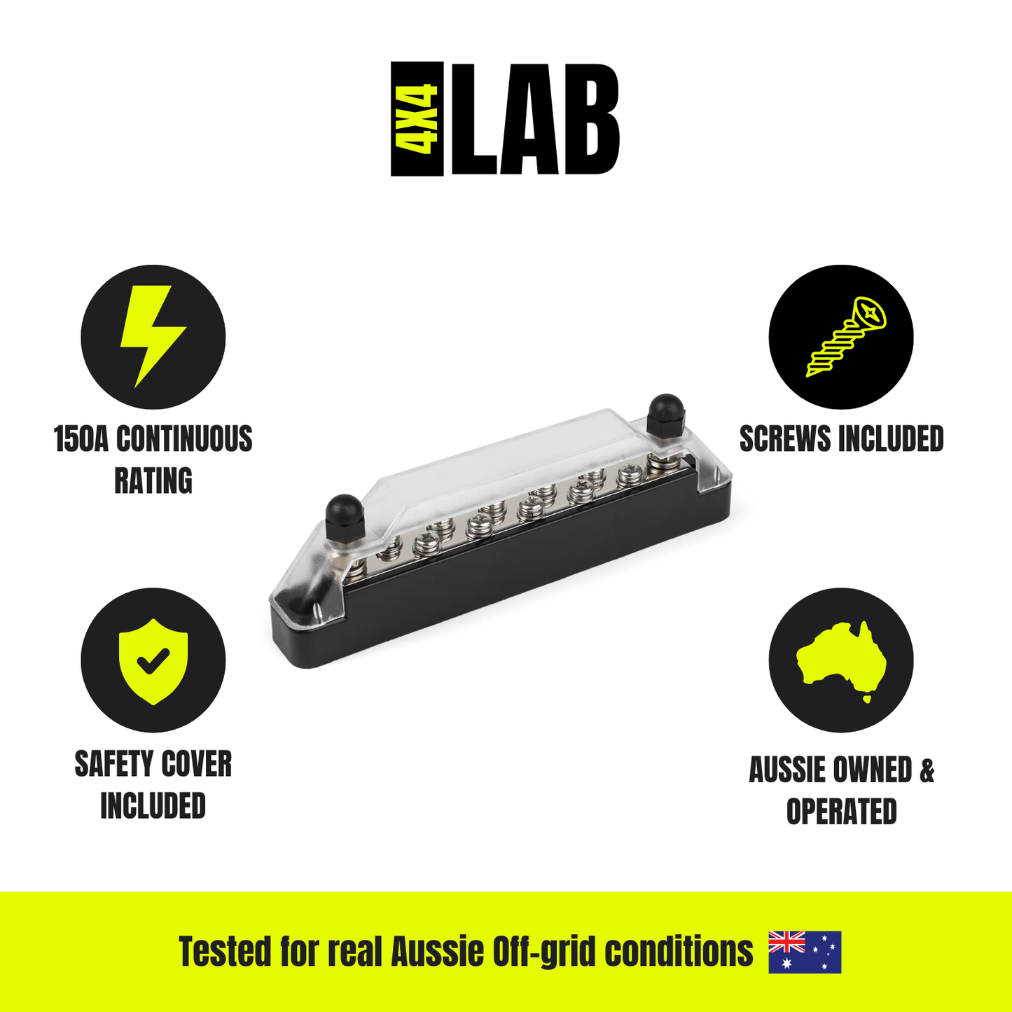 10-Way Negative Bus Bar (Black) – 150A Continuous | Safety Cover & Screws Included