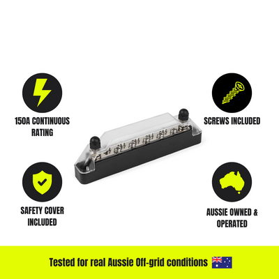 10-Way Negative Bus Bar (Black) – 150A Continuous | Safety Cover & Screws Included