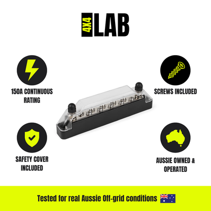 10-Way Negative Bus Bar (Black) – 150A Continuous | Safety Cover & Screws Included