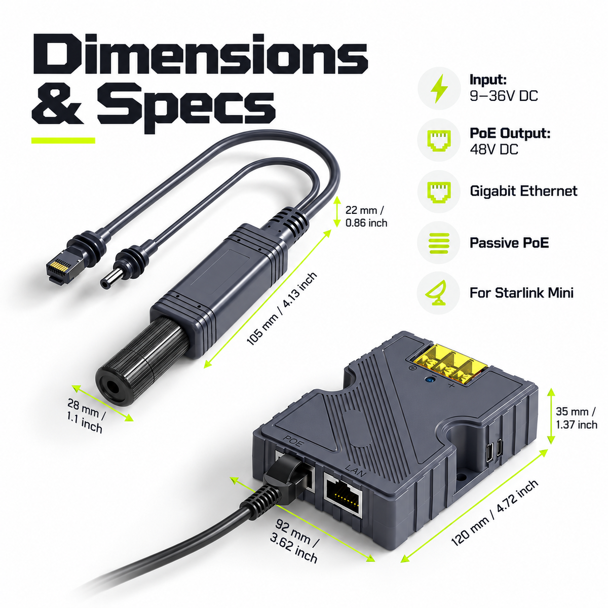 Starlink Mini PoE Splitter & 12V Power Kit | 150W Gigabit Ethernet Converter