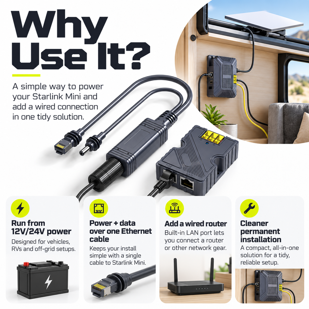 Starlink Mini PoE Splitter & 12V Power Kit | 150W Gigabit Ethernet Converter
